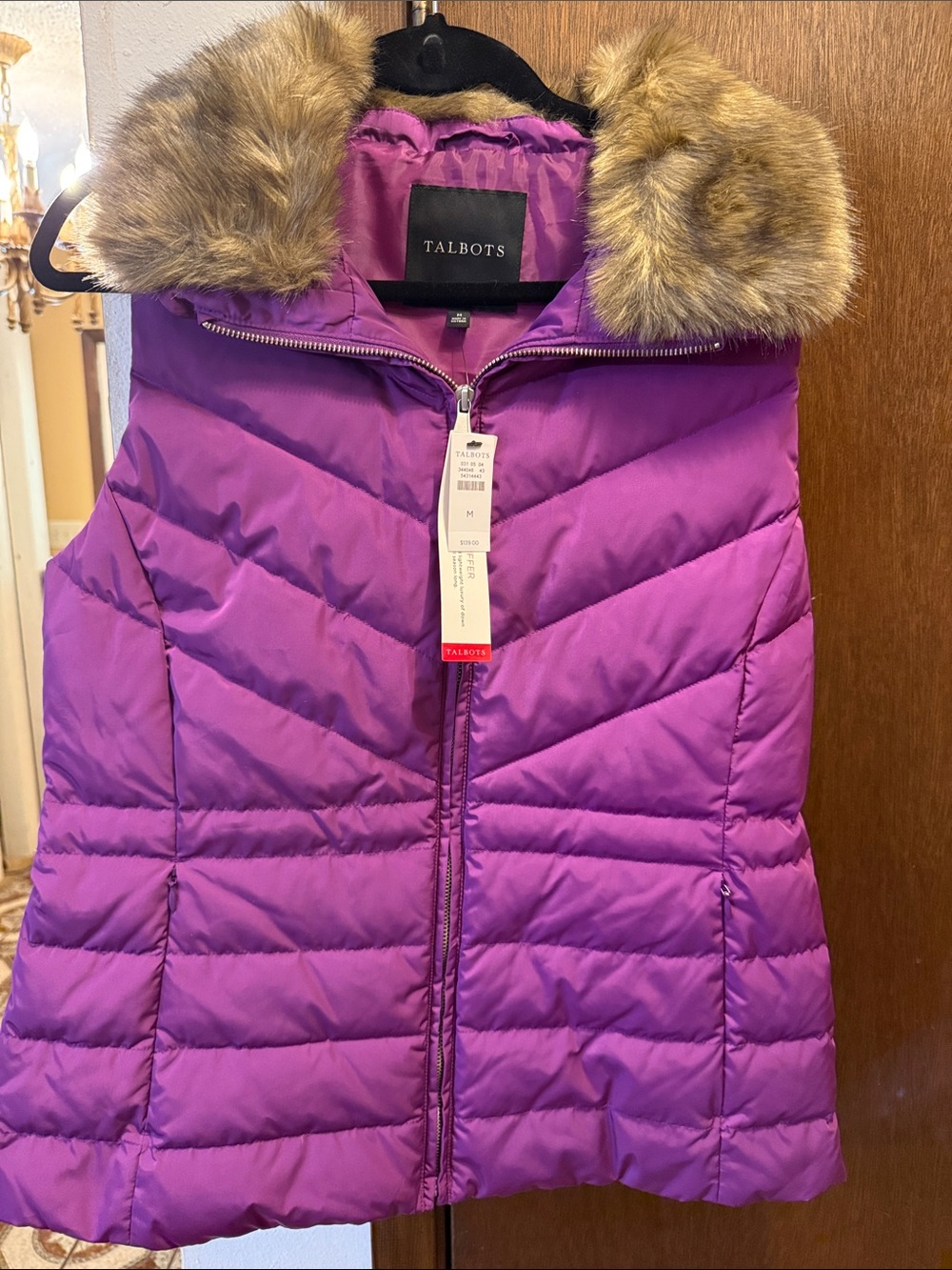 Brand-New! Talbots Bright Purple Puffer Vest with Faux Fur Trim
